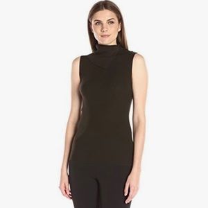 Theory Leendelle Refine Ribbed-Knit Funnel-Neck Black Sleeveless Marino Wool Top